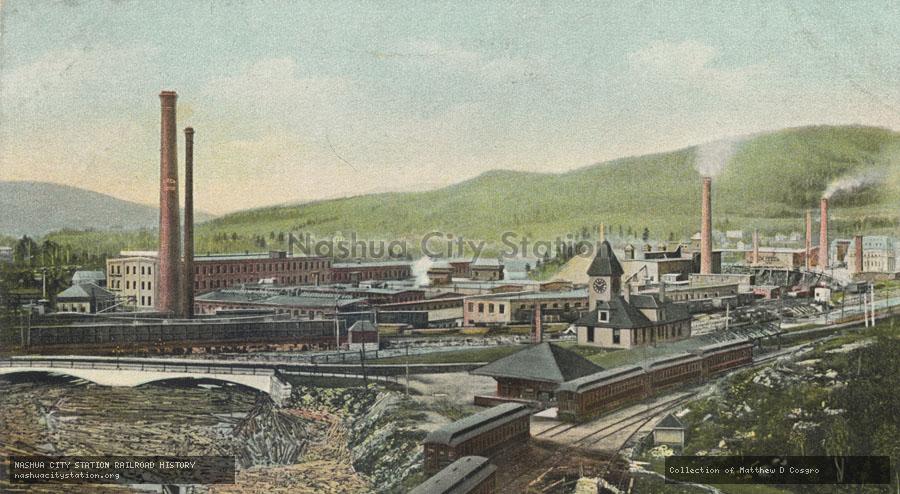 Postcard: Railroad Station, International Paper Bag and Oxford Mills, Rumford Falls